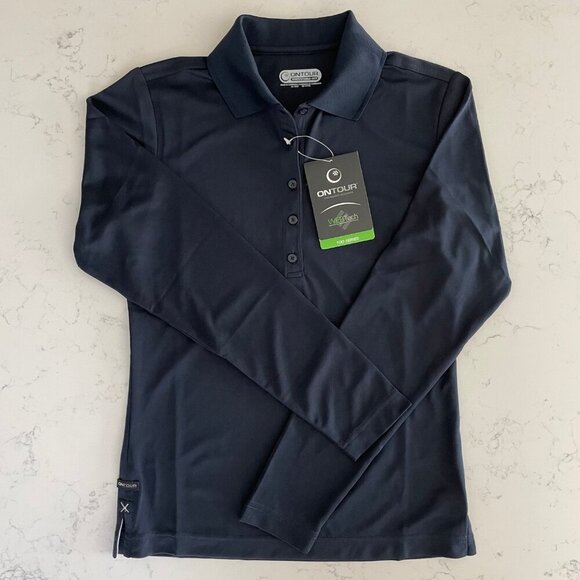 OnTour Brecon Web Tech Athletic LS 5 Button Polyester Polo Shirt Navy Sz XS NWT - Picture 10 of 10